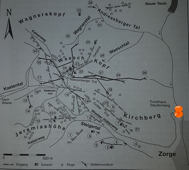 Lageskizze der Erzgänge und Gruben im Eisensteinrevier von Wieda und Zorge <br /><br />Pinne zeigt die Lage des Stollens
