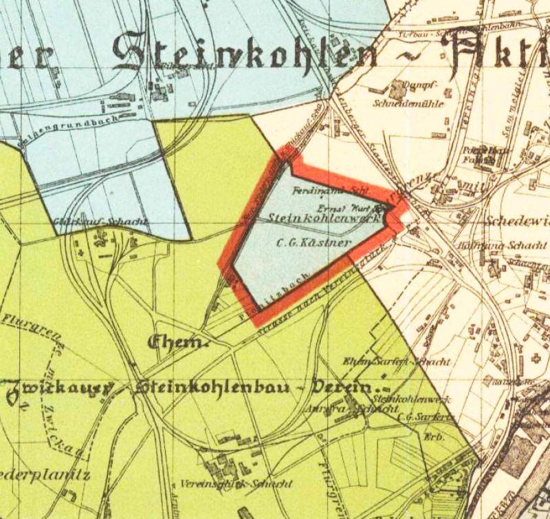 Ausschnitt aus dem &quot;Plan v. Zwickau u. Umgebung&quot; von 1900 die &quot;Straße nach Vereinsglück&quot; entspricht der heutigen Planitzer Straße und die Straße an der Westgrenze des Grubenfeldes der Straße Am Fuchsgraben.