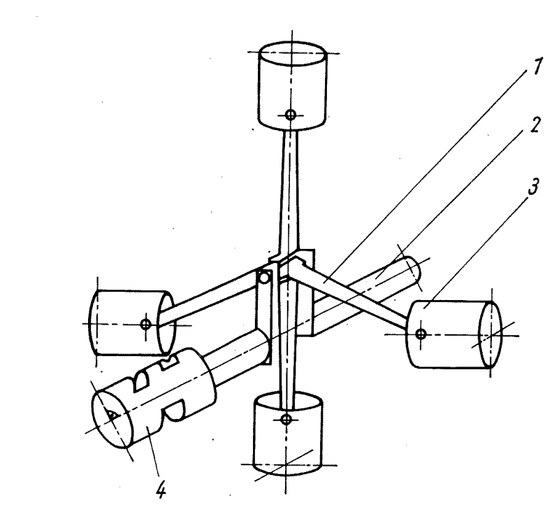 Bild 9.16. Schema der Triebswerksteile eines Druckluftkolbenmotors in Stern-Bauart (vereinfacht)<br />1 Pleuel, 3 Kolben,<br />2 Kurbelwelle, 4 Steuerorgan (Drehschieber)